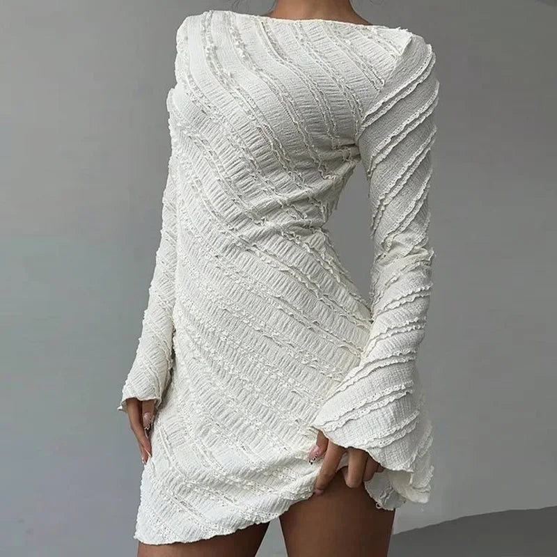 Classic White Knitted Women's Dress with Boat Collar