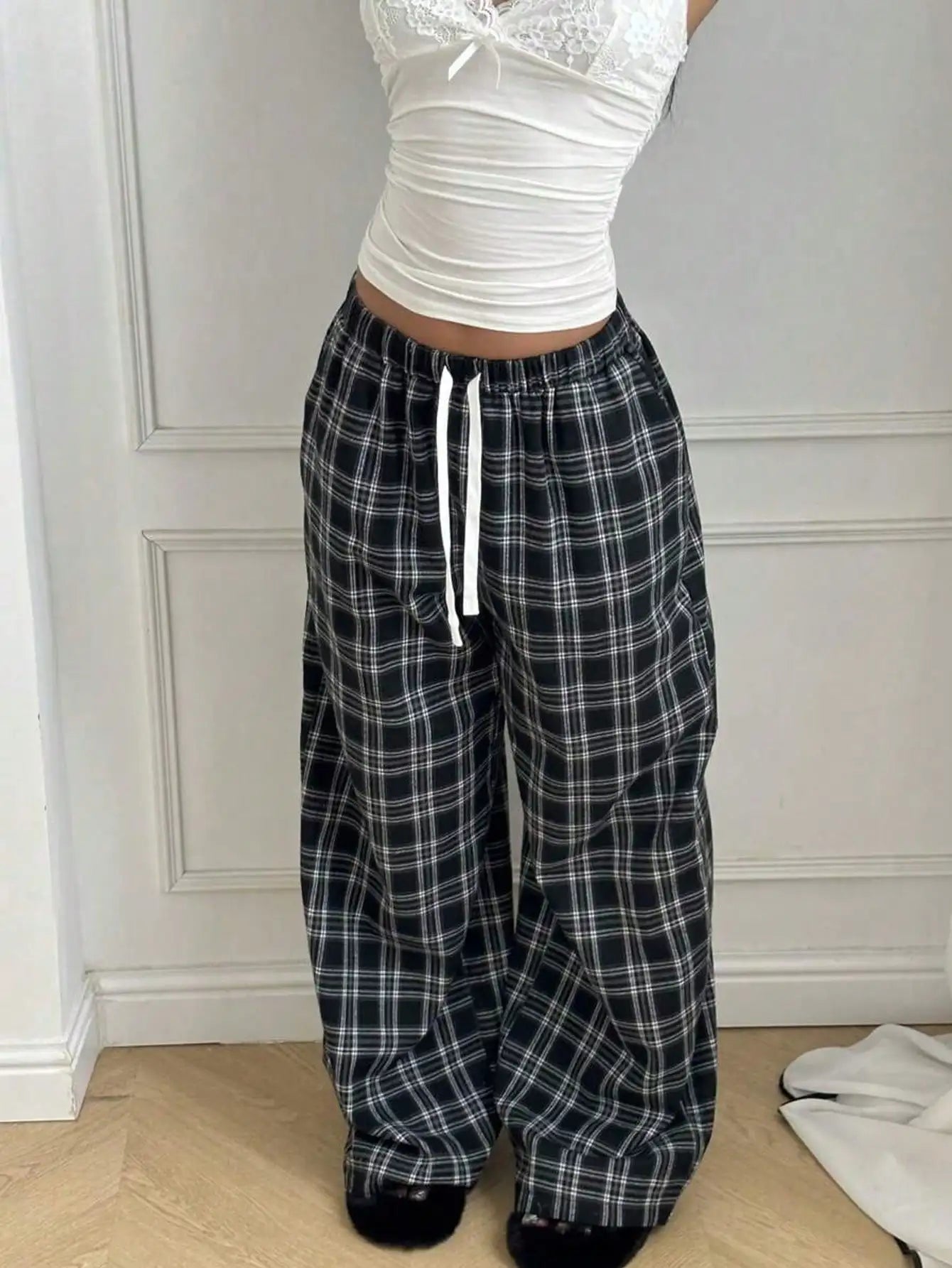 Women's High Waist Plaid Drawstring Wide Leg Pants