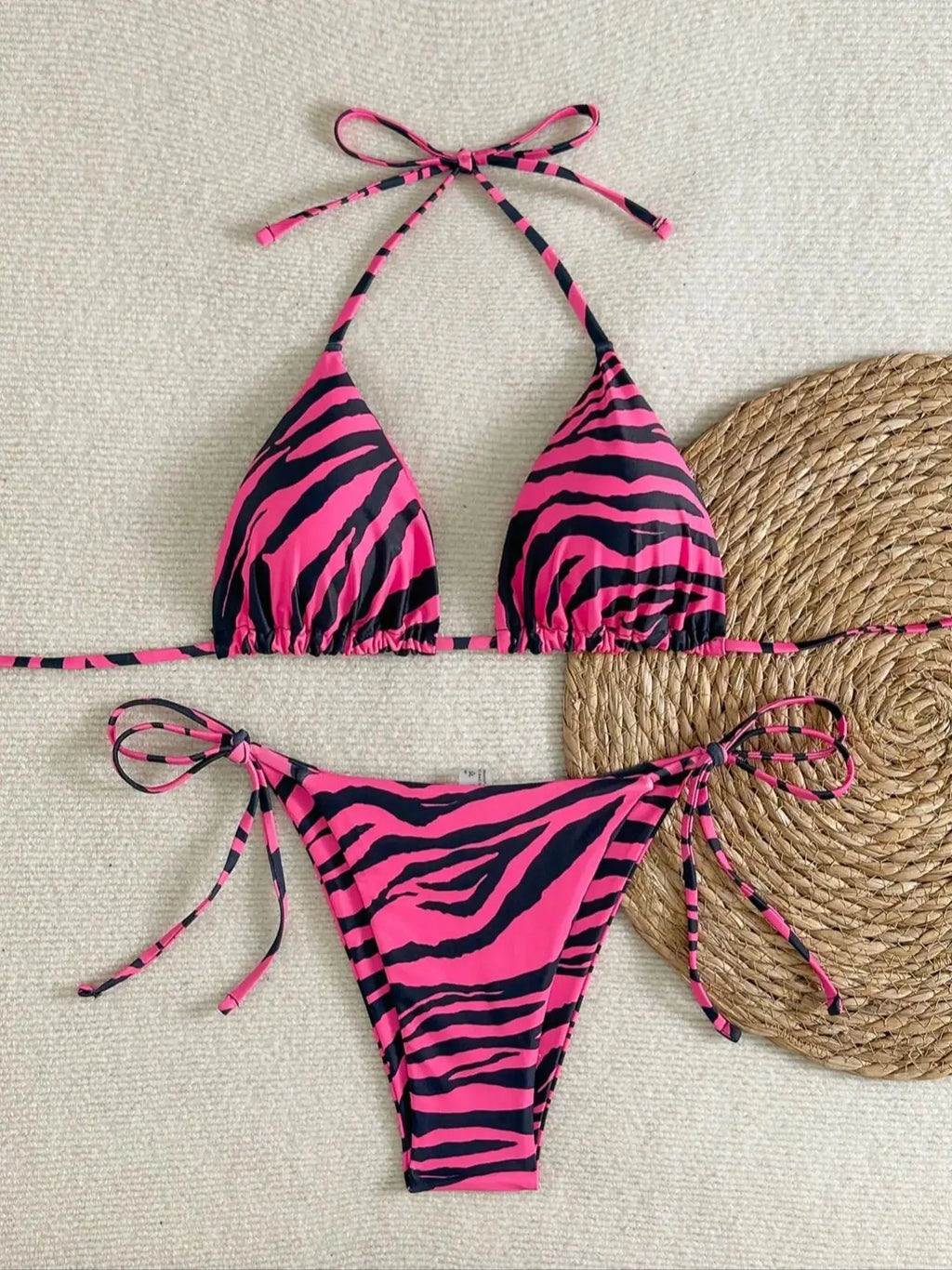 Rose Red and Black Zebra Print Women's Bikini Set