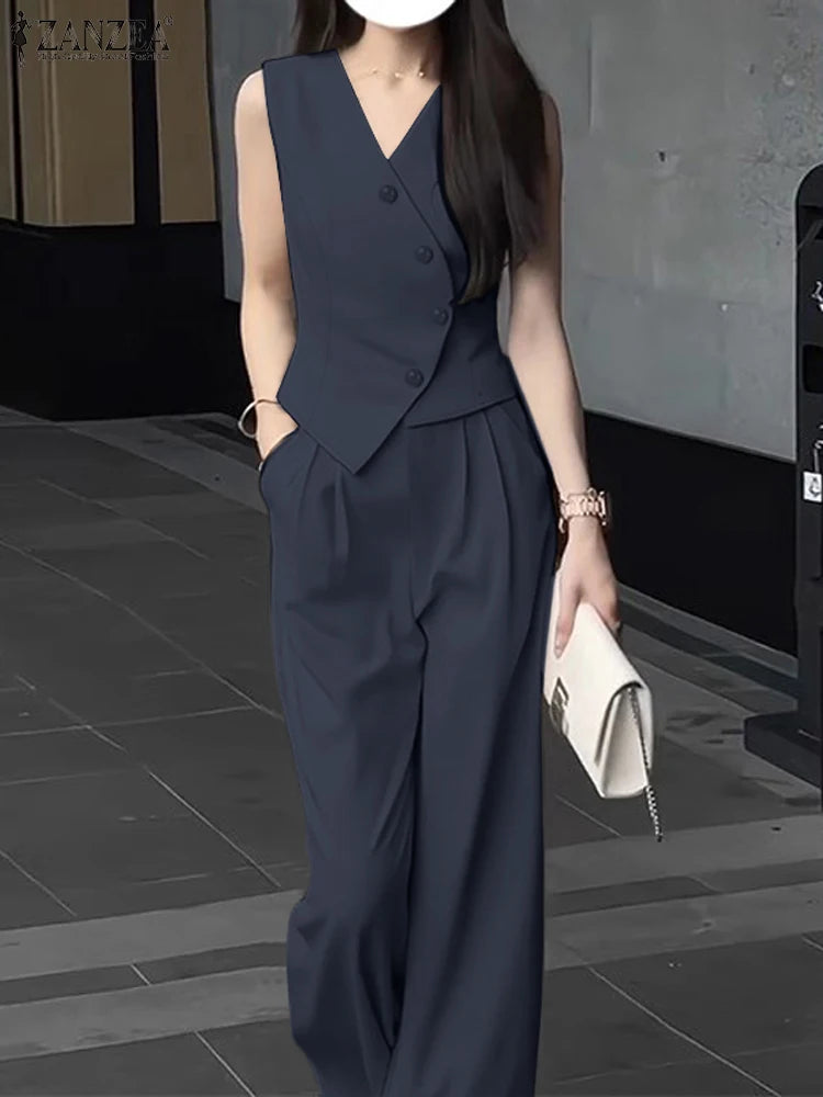 ZANZEA Summer Sleeveless Tops and Wide Leg Trousers Set