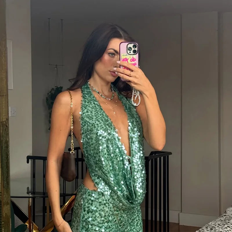 Chic Sequined Halter Skirt Set for Women Party Outfits
