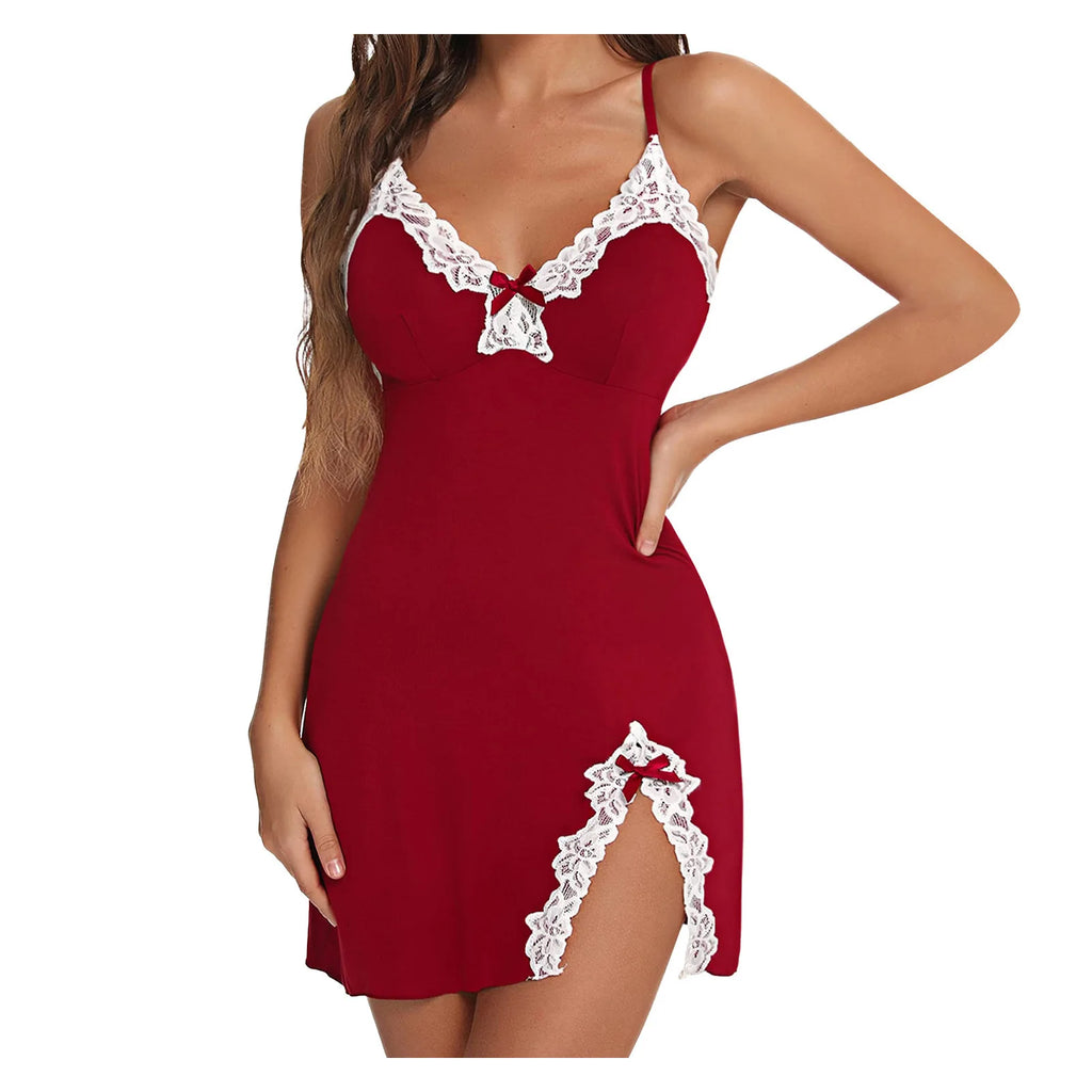Sexy Lace Trim Nightgown for Women V Neck Mini Dress