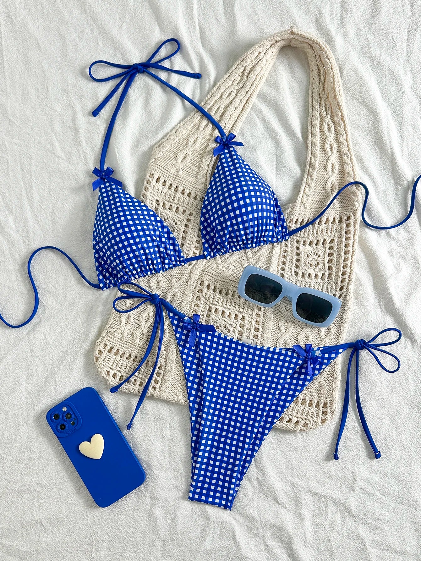 Women's Blue and White Plaid Two-Piece Bikini Set
