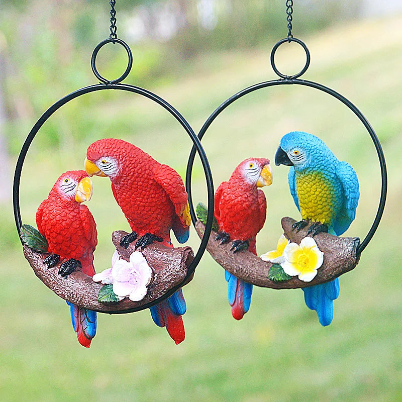 Mother Child Parrot Resin Garden Statue for Outdoor Decor
