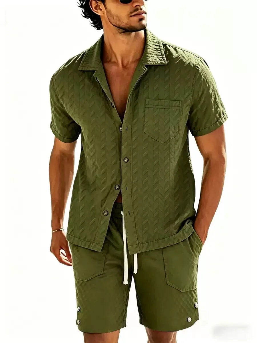 Hot Sale Men's Short-Sleeved Sets Summer Solid Loose Casual Suit Beach Style Turn-down Collar Shirts Shorts 2 Piece Sets for Men