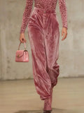 Bonboho Women's Pink Velvet High Waist Loose Fit Trousers