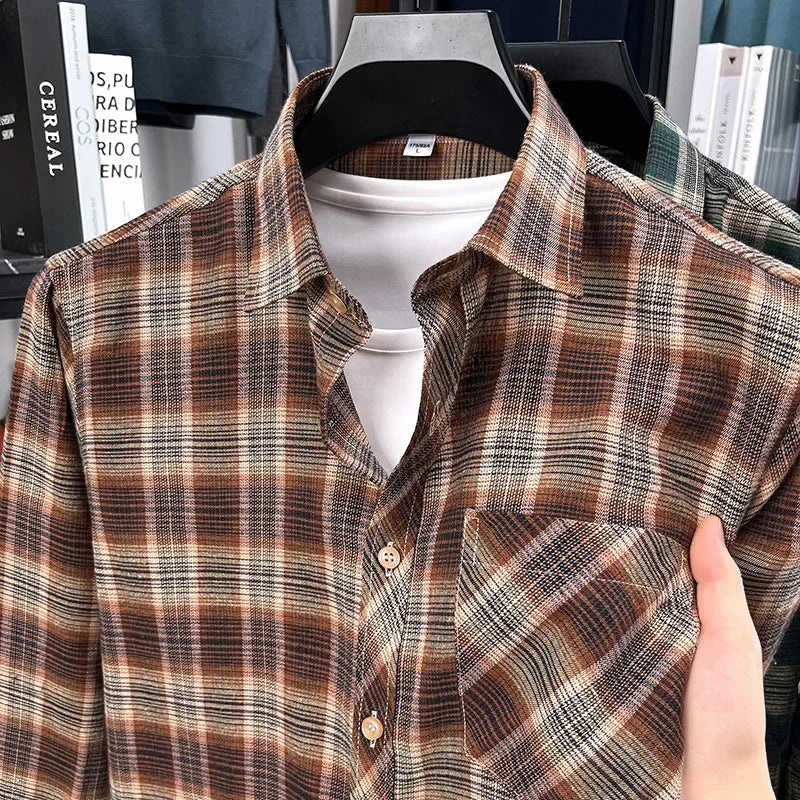 2026 Autumn New Men's Printed Striped Long Sleeved Shirt Casual Fashion Versatile Men's Top