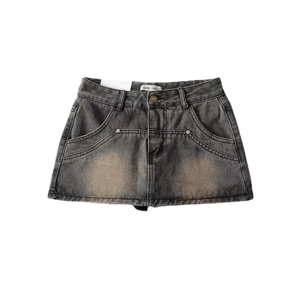 Women High Waist Denim Mini Skirt with Pockets