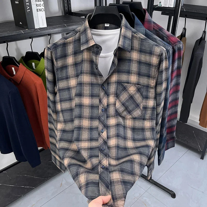 2026 Autumn New Men's Printed Striped Long Sleeved Shirt Casual Fashion Versatile Men's Top
