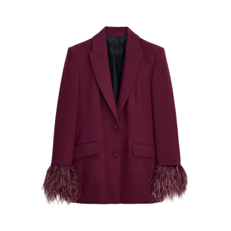 Chin.Sweety Women's Feather Blazer Pants Set for Office Wear