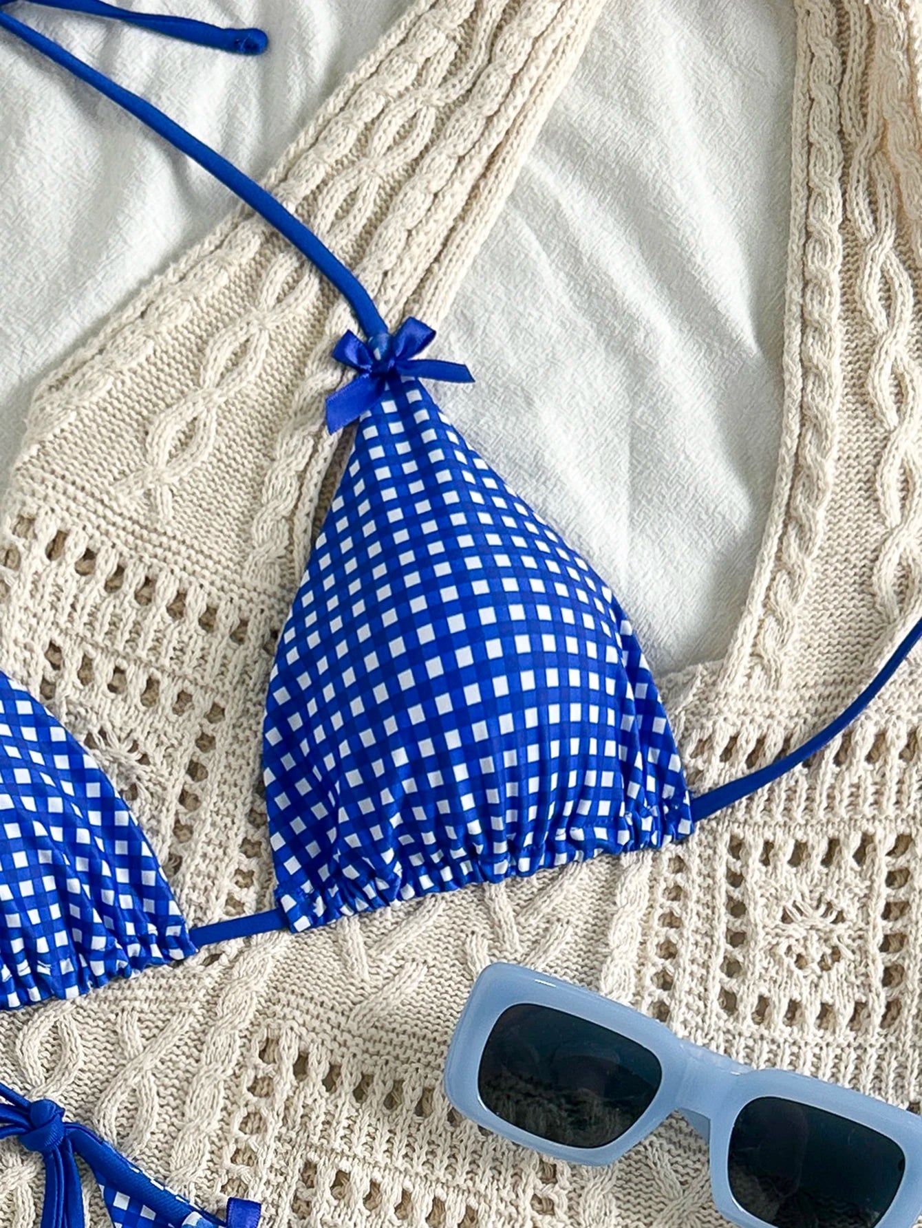 Women's Blue and White Plaid Two-Piece Bikini Set