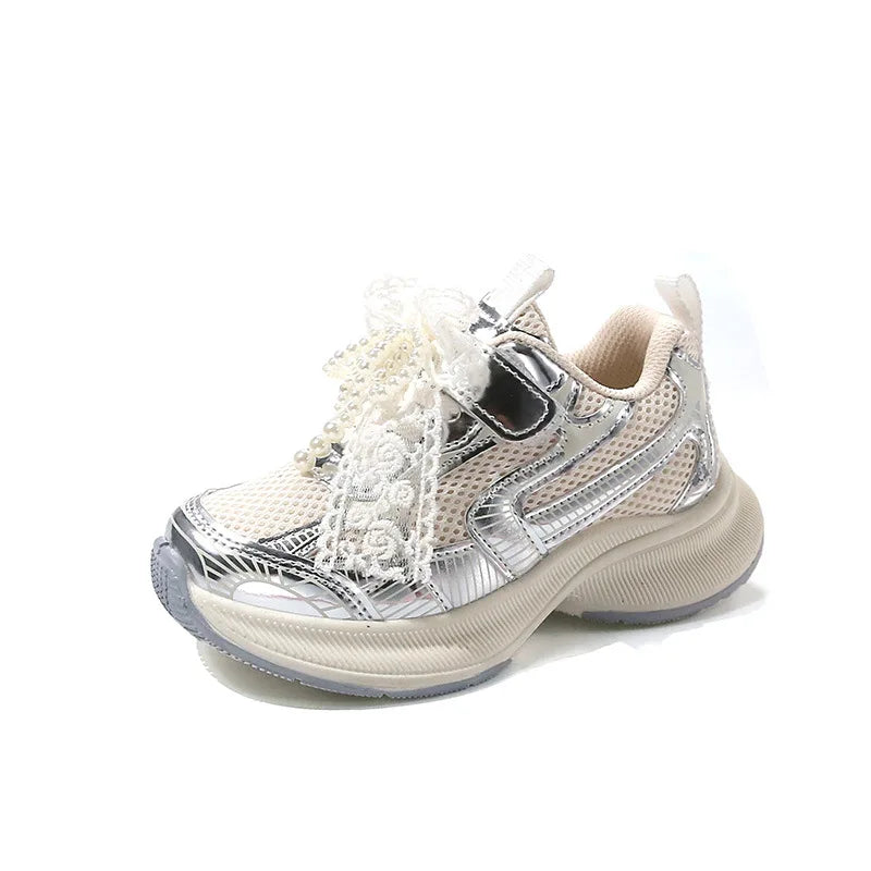 Girls’ Lace and Pearl Embellished Chunky Sneakers for Kids