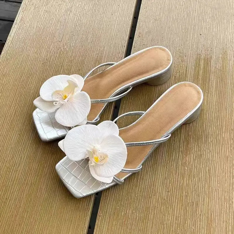 Black Beige Flower High Heels Slippers for Women Size 42