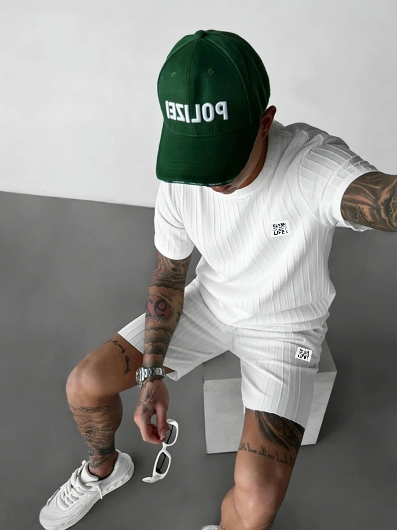 Men's Textured “Never Lose Your Way” Embroidered Detail Two-Piece Casual Set: Short-Sleeve T-Shirt and Shorts