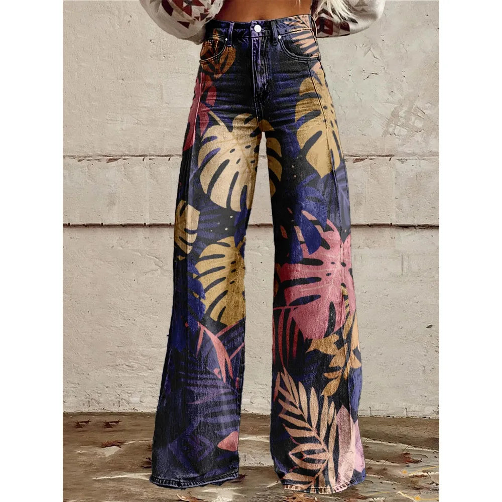 Colorful Tropical Leaf Print Wide Leg Pants for Women