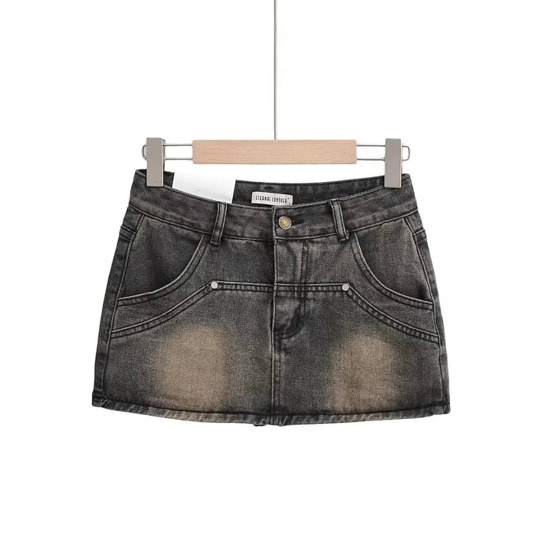 Women High Waist Denim Mini Skirt with Pockets