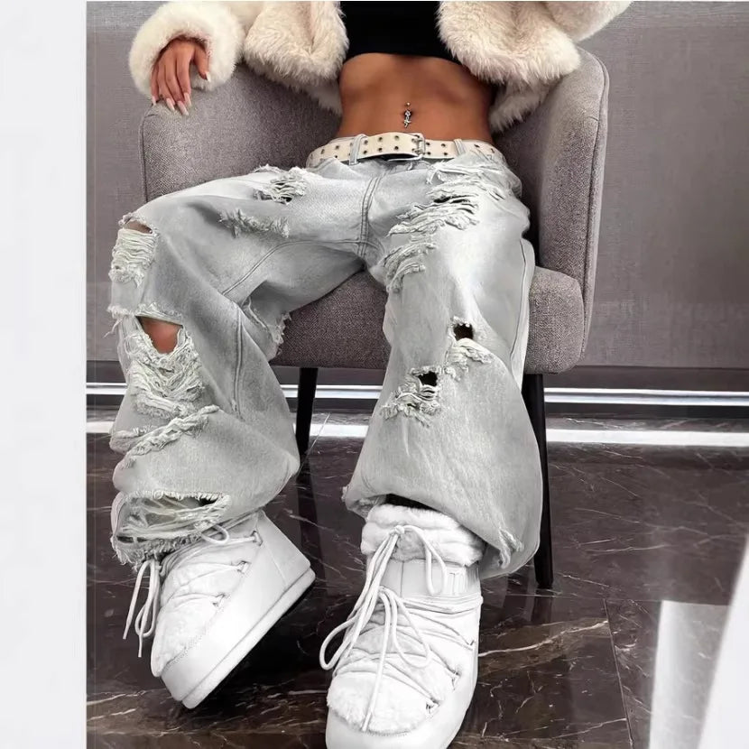 High Street Ripped Straight Wide-Leg Jeans for Women
