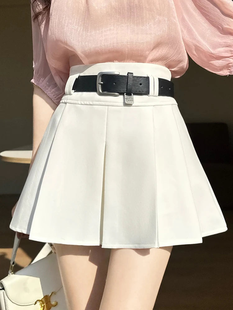 Gray High-waisted Pleated Skirt for Women with Belt