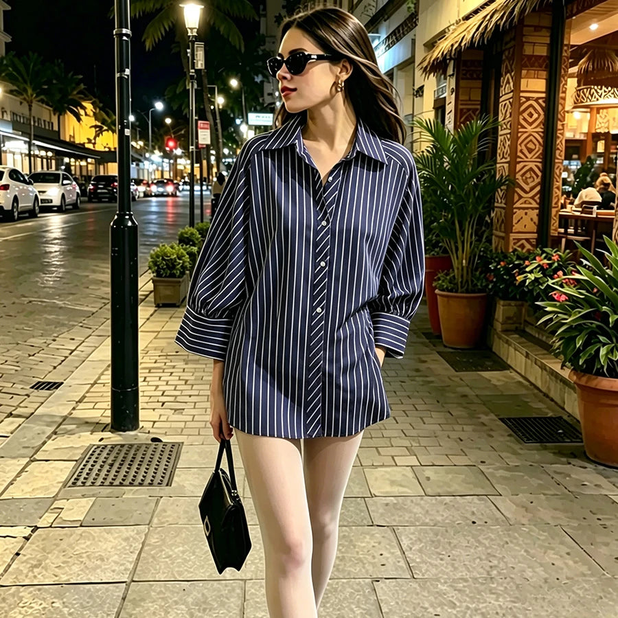 Stylish Women Striped Blouse with Turn-Down Collar