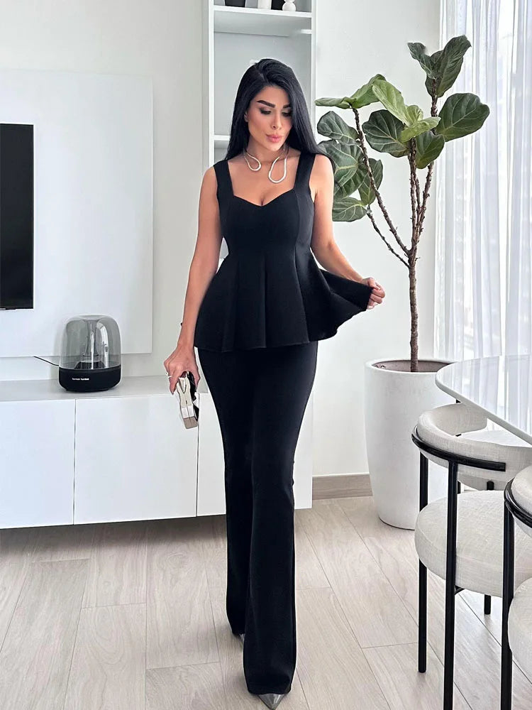 Stylish Sleeveless Top and High Waist Flare Trousers Set
