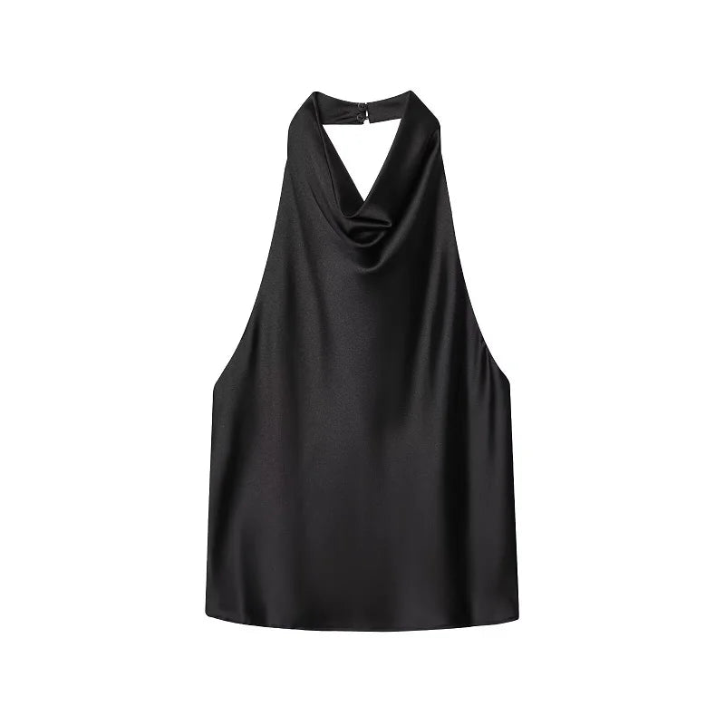 MUJER Black Satin Backless Halter Top for Women Summer Nights