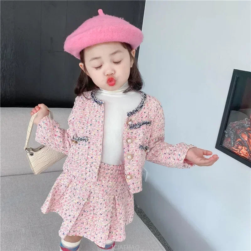 Girls Tweed Coat and Skirt Set for Kids Autumn Fashion