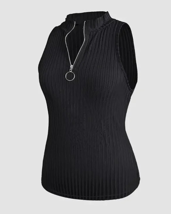 Women's Sexy Ribbed Tank Top - Slim Fit Stretchy High Elasticity, Stand-Up Collar & Wide Straps with Front Zipper, Semi-Sheer Bl