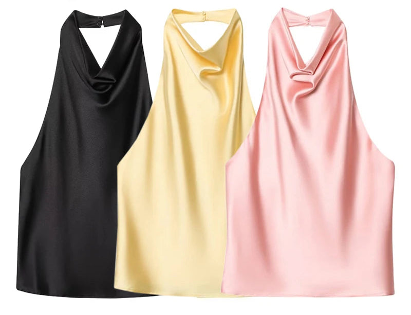 MUJER Black Satin Backless Halter Top for Women Summer Nights