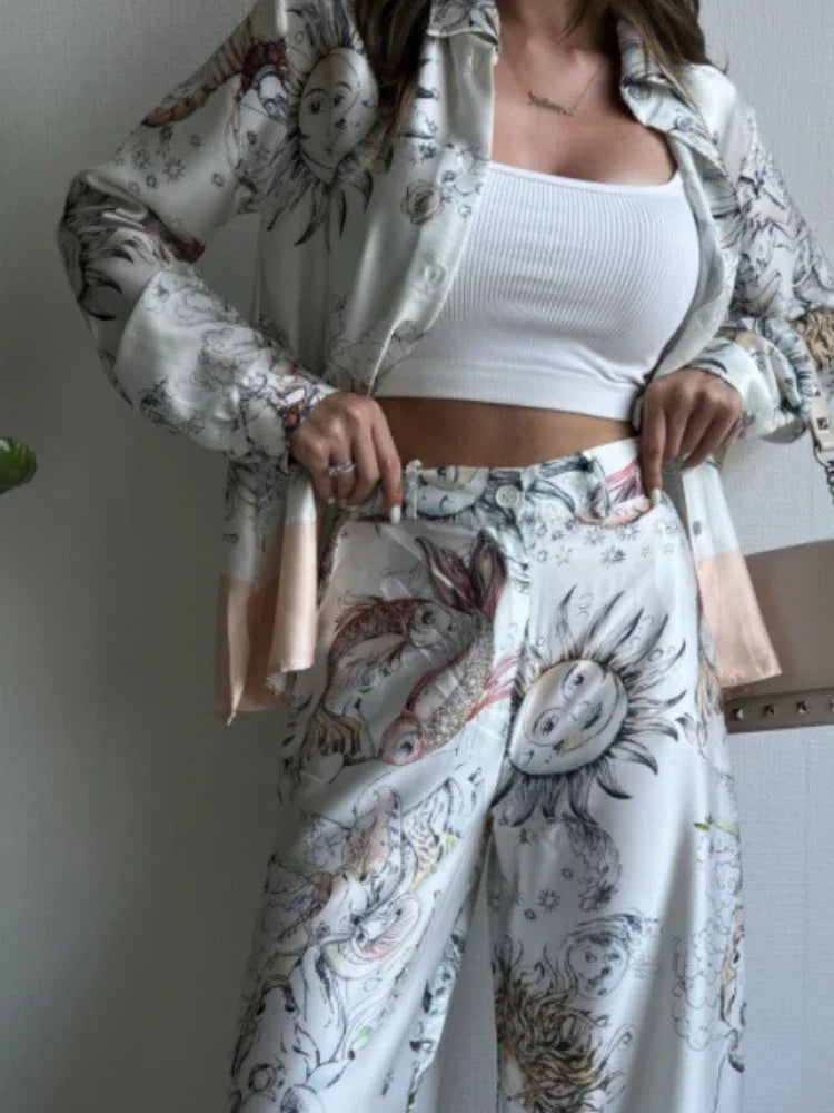 Elegant Print Long Sleeve Shirt and Wide Leg Pants Set