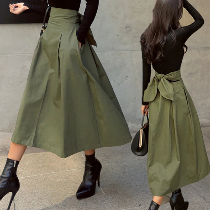 Long A-Line Skirt for Women in Solid Color with Bow Detail