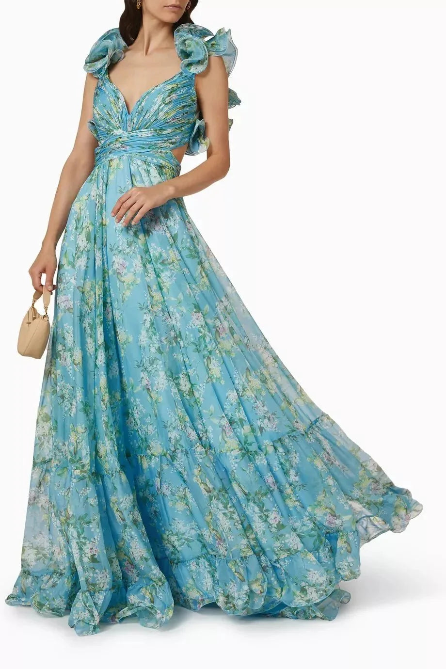 Floral Printed V-Neck Long Dress for Women by MALEY LifeStyle