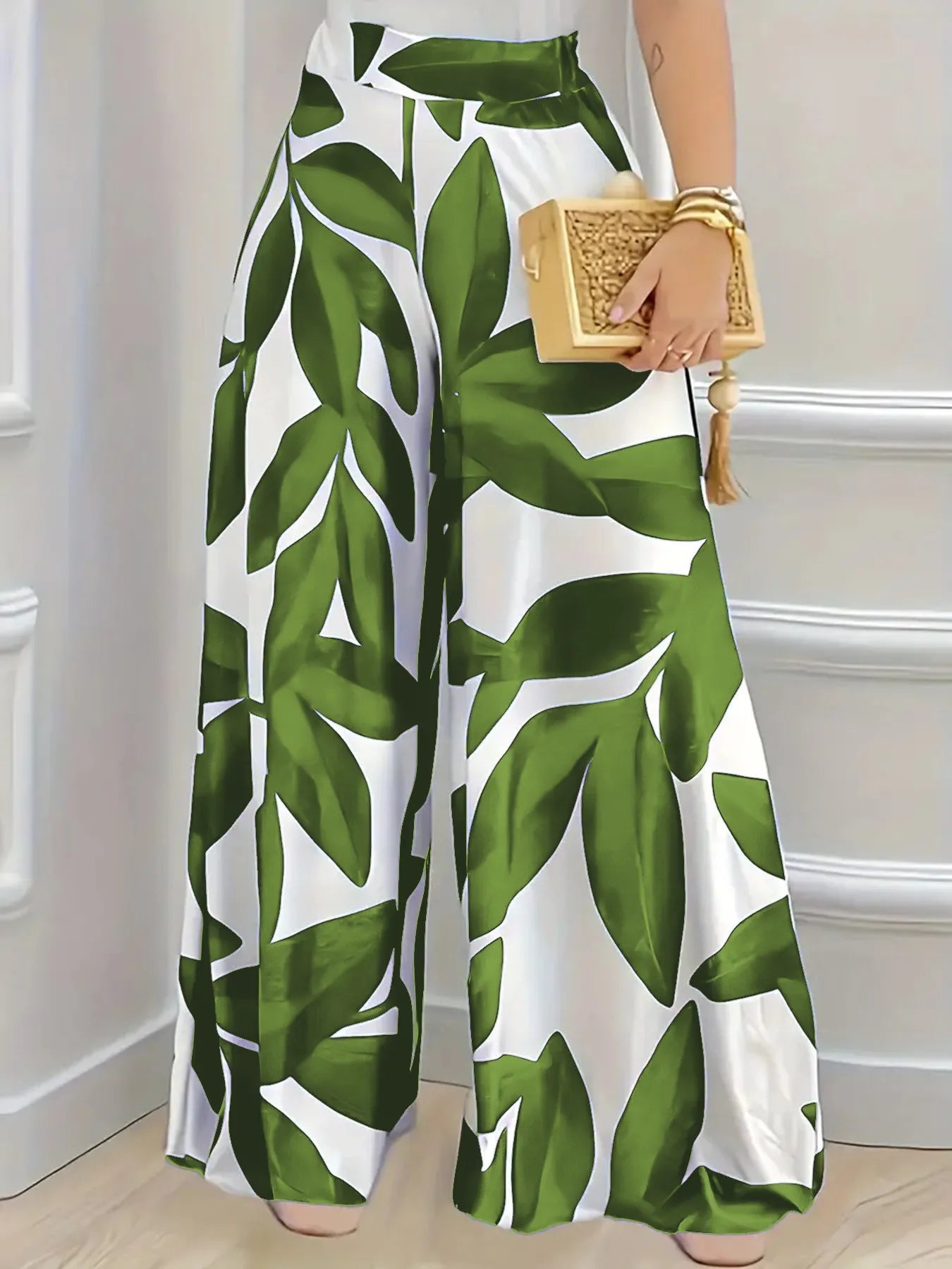 Elegant Boho Wide-Leg Trousers for Women in Blue Leaf Print