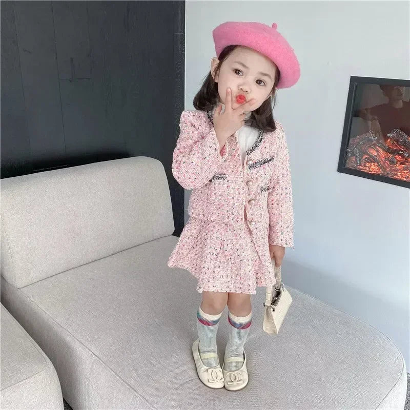 Girls Tweed Coat and Skirt Set for Kids Autumn Fashion