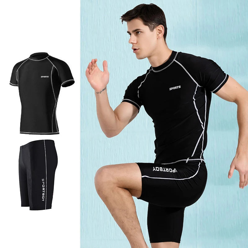 Men's Polyester Swimwear Set with Tight Elastic Shorts and Shirt