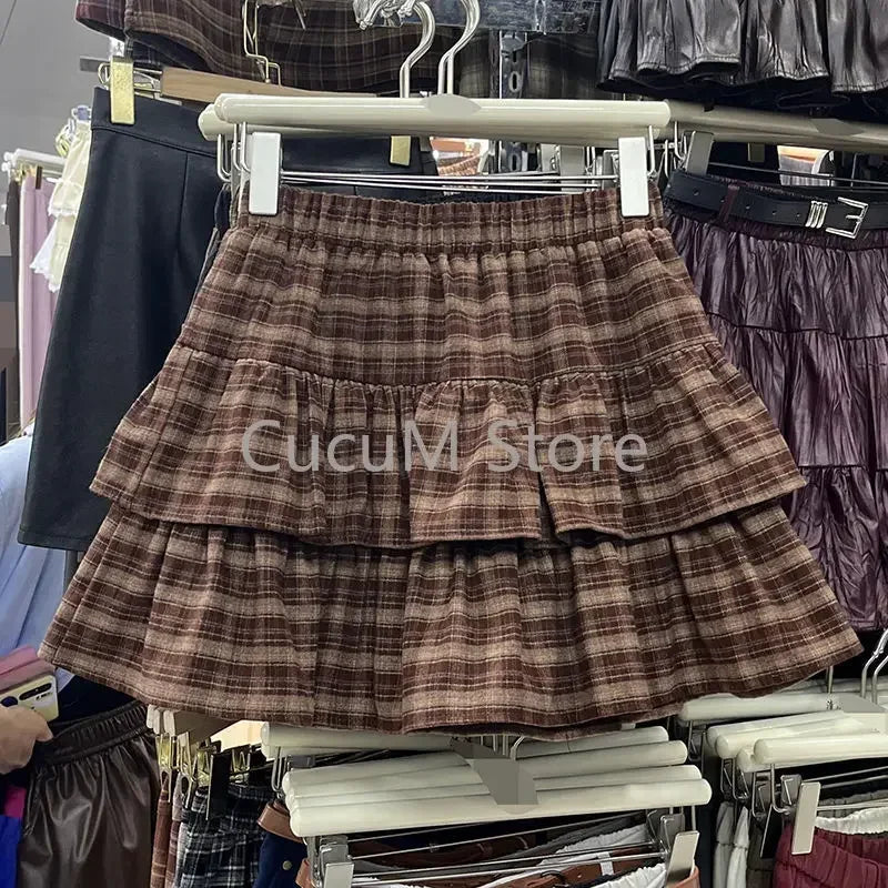 Japanese Y2k Ruffled Plaid Skirt for Women in Casual Style
