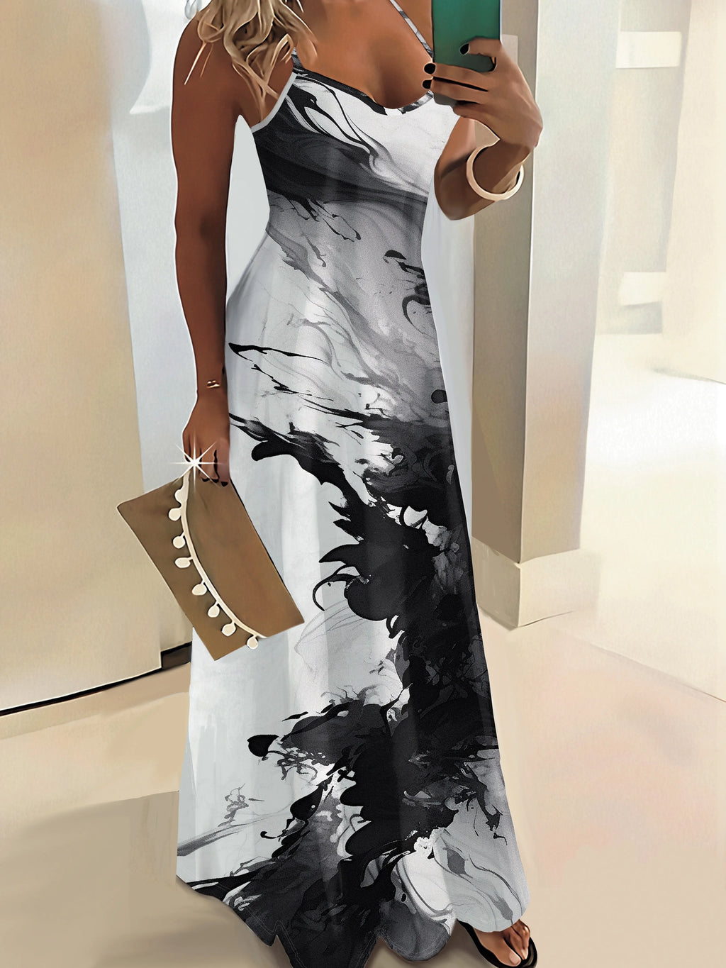 Black and White Abstract Marble Print Maxi Dress for Women