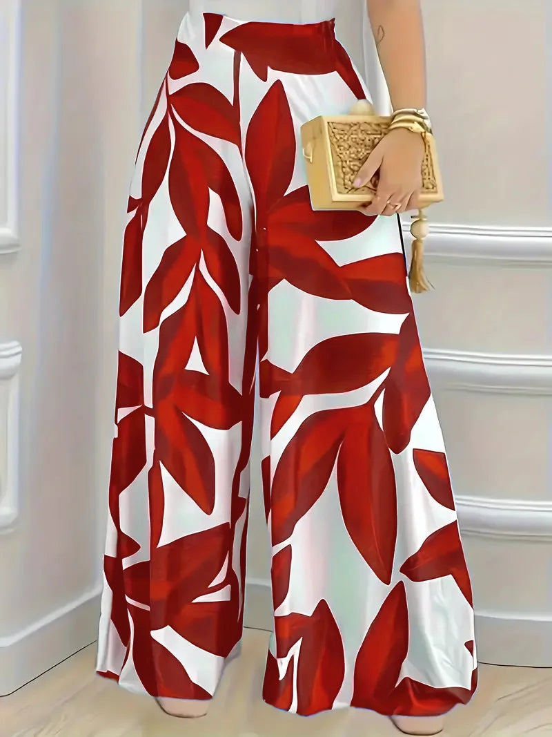 Elegant Boho Wide-Leg Trousers for Women in Blue Leaf Print