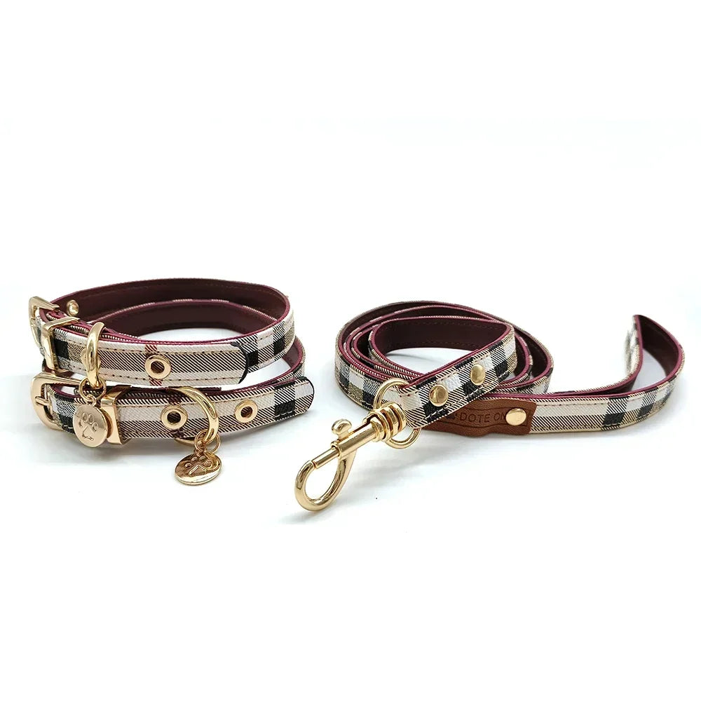 Stylish Plaid Leather Collar and Leash Set for Pets