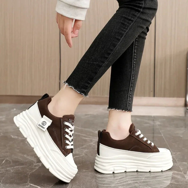 Chunky Lace-Up Sneakers for Women in Soft PU for Casual Wear