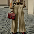 Khaki Wide Leg Pleated Pants for Women by OSHOPLIVE