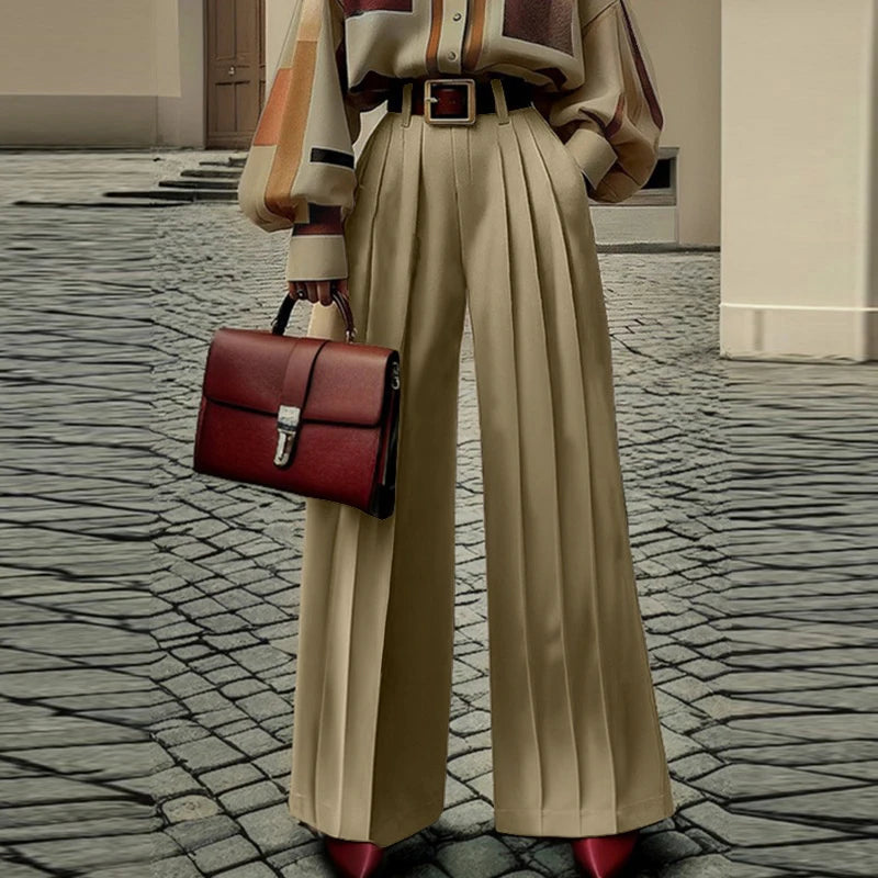 Khaki Wide Leg Pleated Pants for Women by OSHOPLIVE