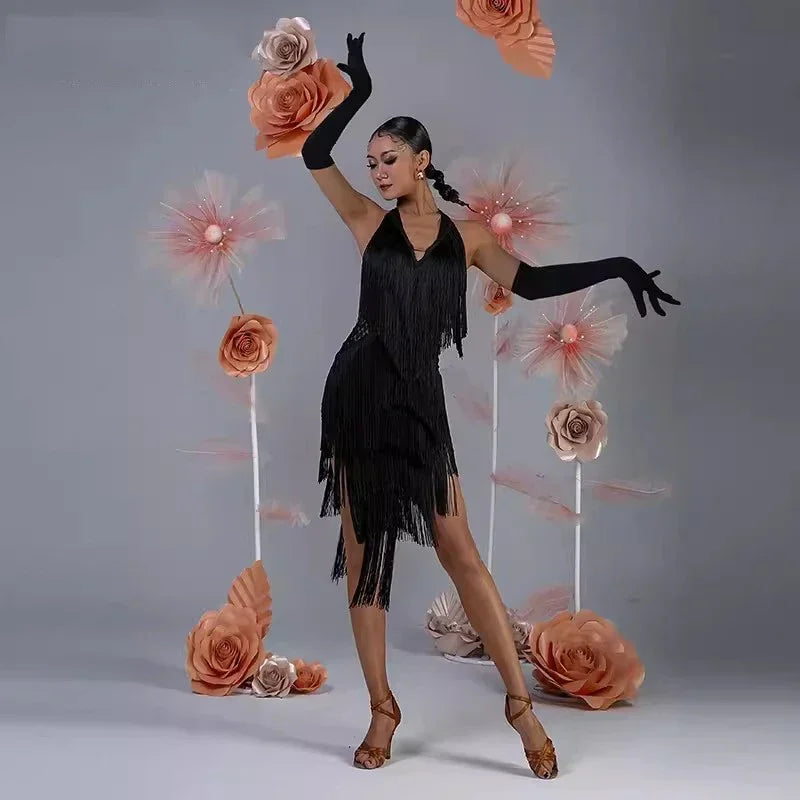 Elegant Black Backless Fringe Dress for Latin Dance Competitions