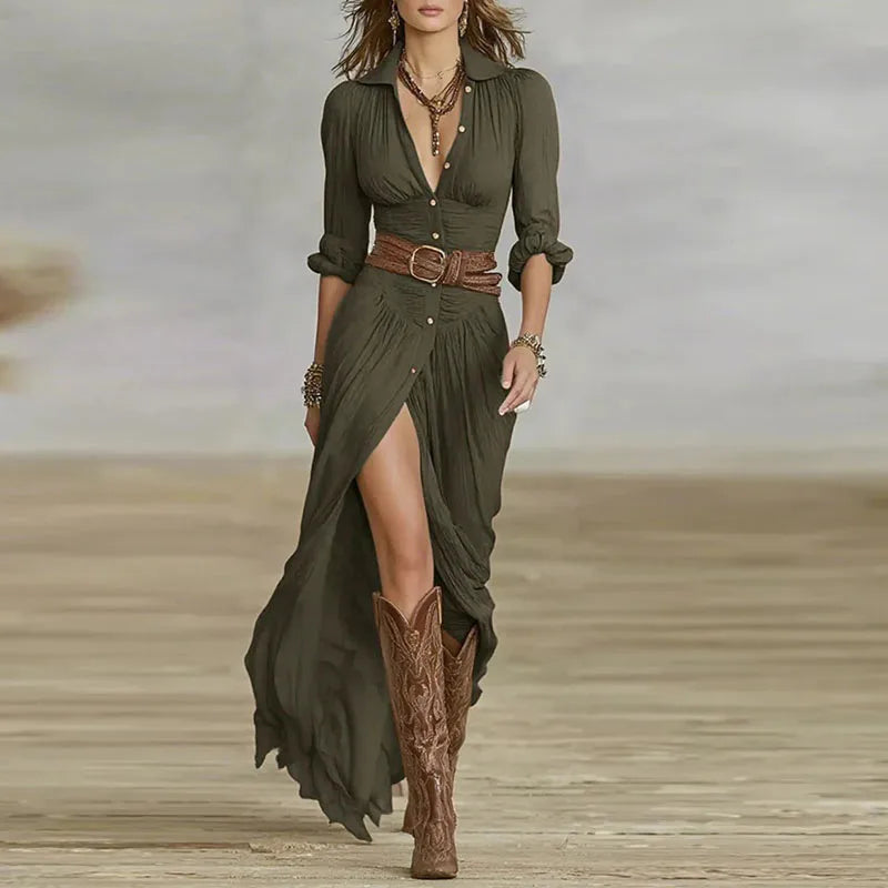 French Retro V Neck Belted Slim Pleated Long Dress