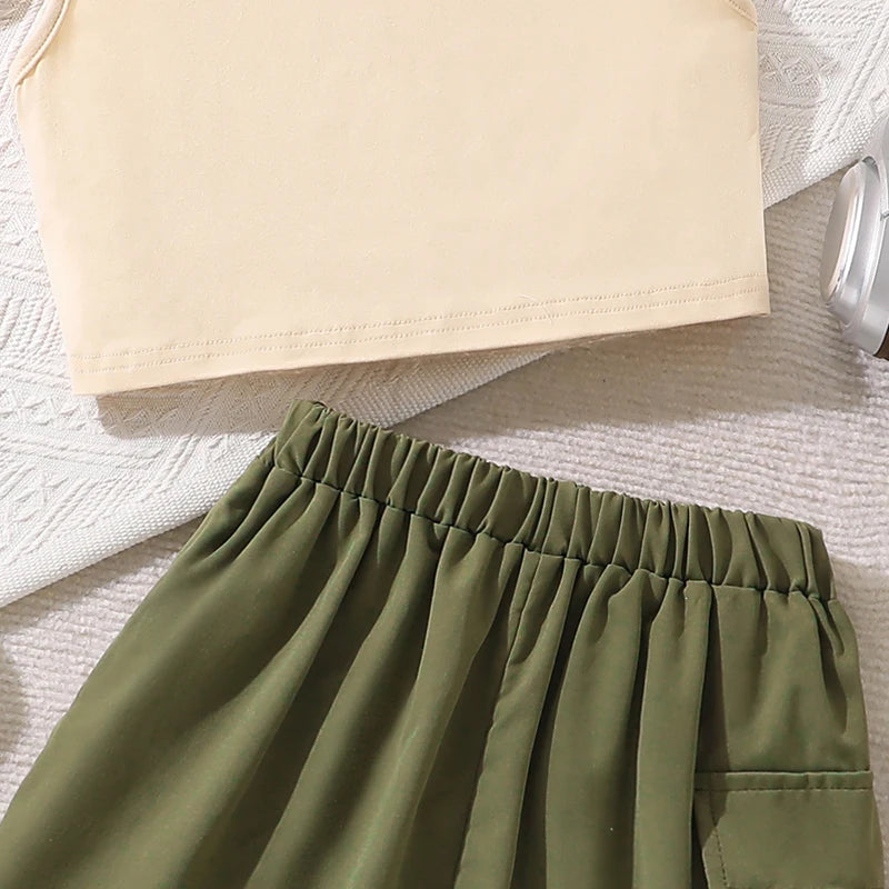 Girls Retro Rock Print Tank Top and Cargo Shorts Set
