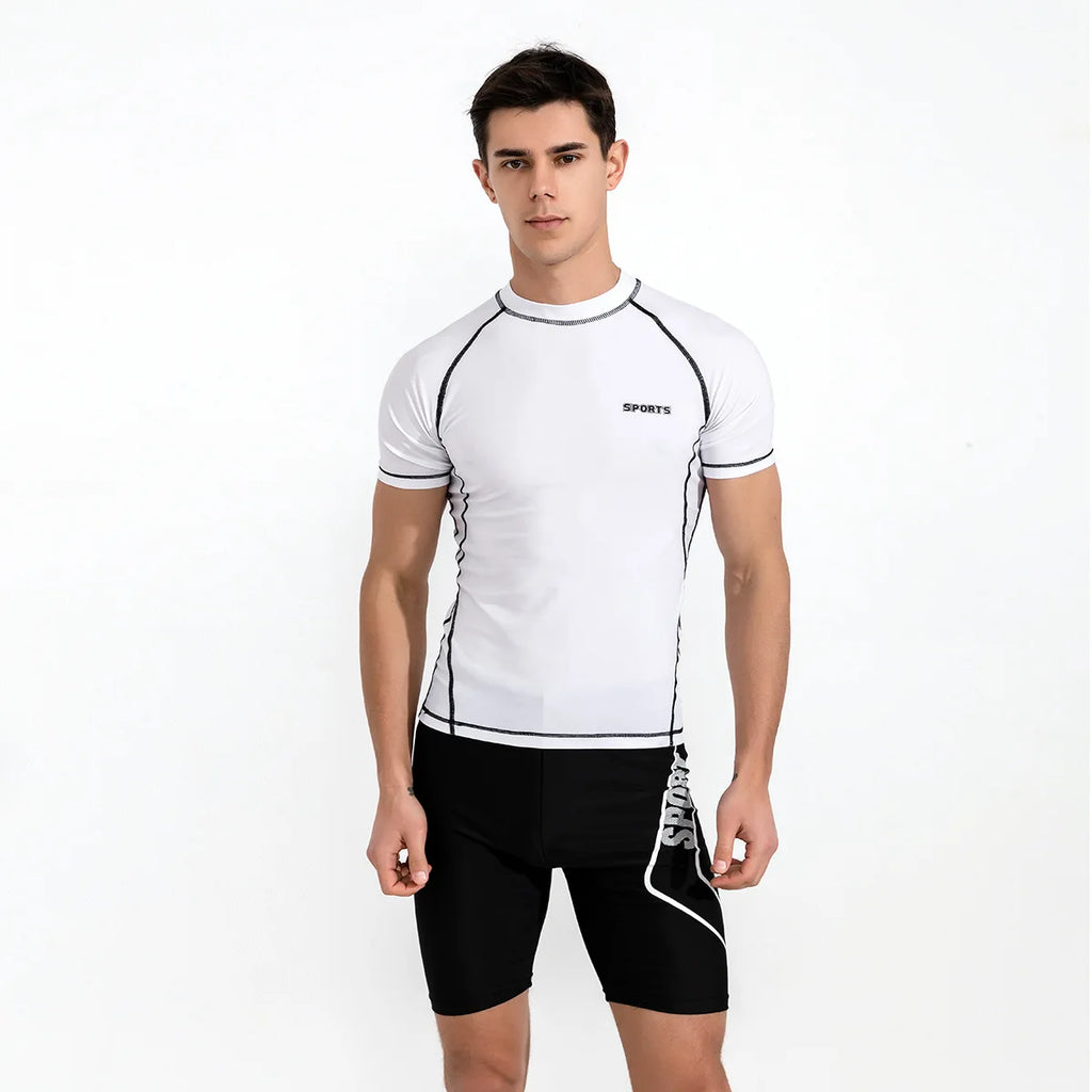 Men's Polyester Swimwear Set with Tight Elastic Shorts and Shirt