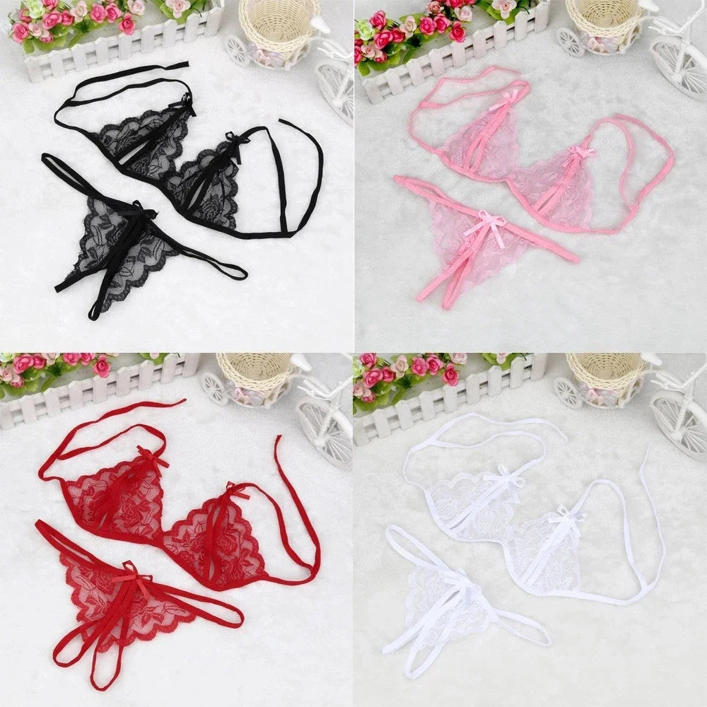 Lace Up Bra and Open Crotch G-String Set for Women