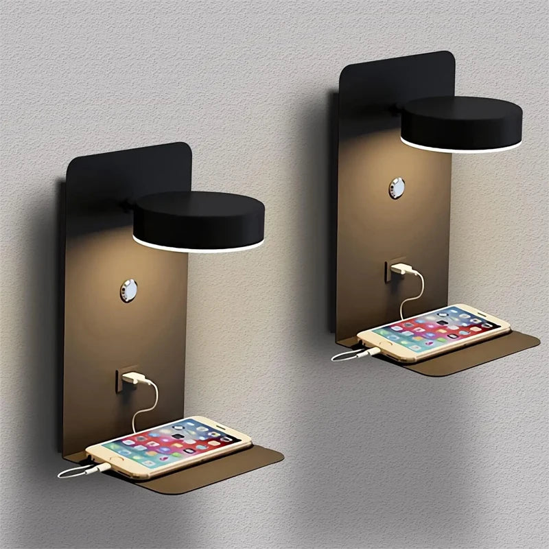 Modern Black LED Wall Lamps with USB Charging for Home