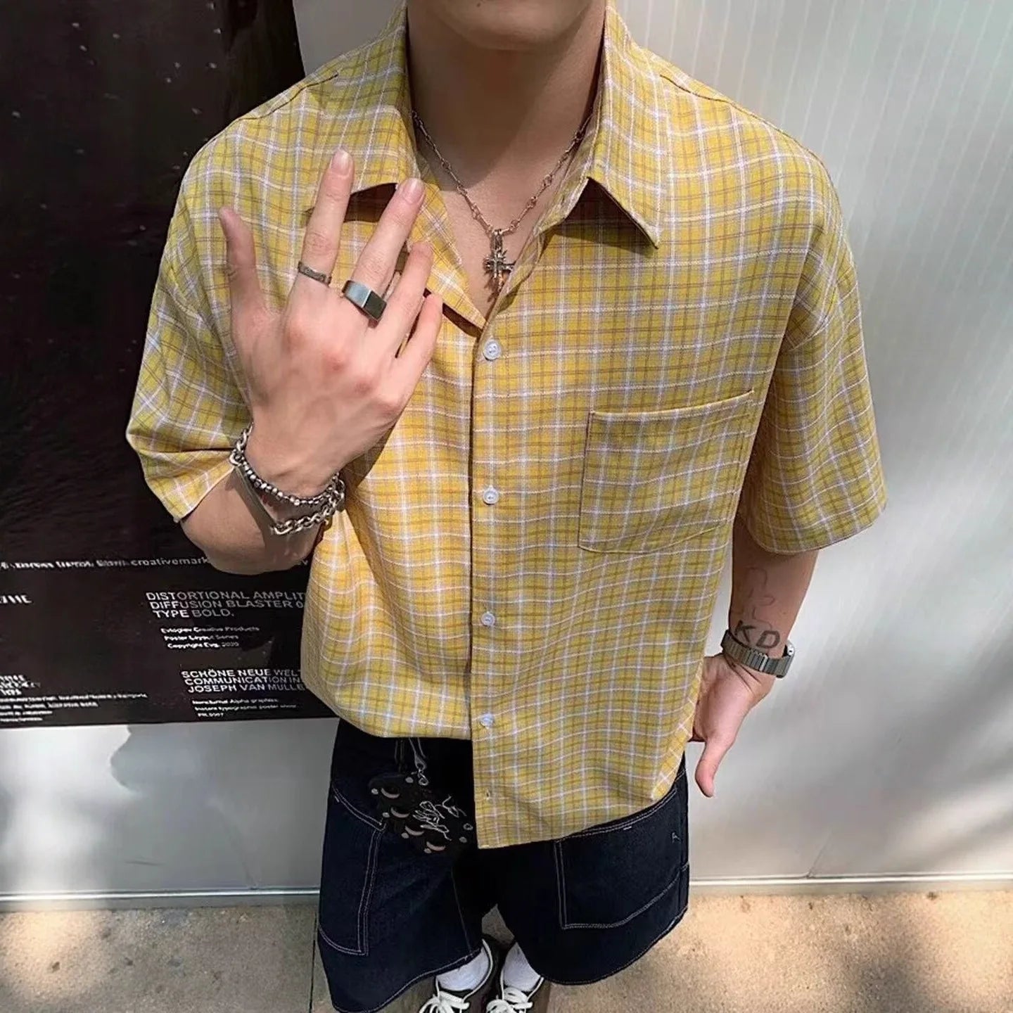 Retro Plaid Ice Silk Casual Shirt Men's Short Sleeve Summer Fashion Brand Stylish Jacket Iron-Free Polyester Fabric