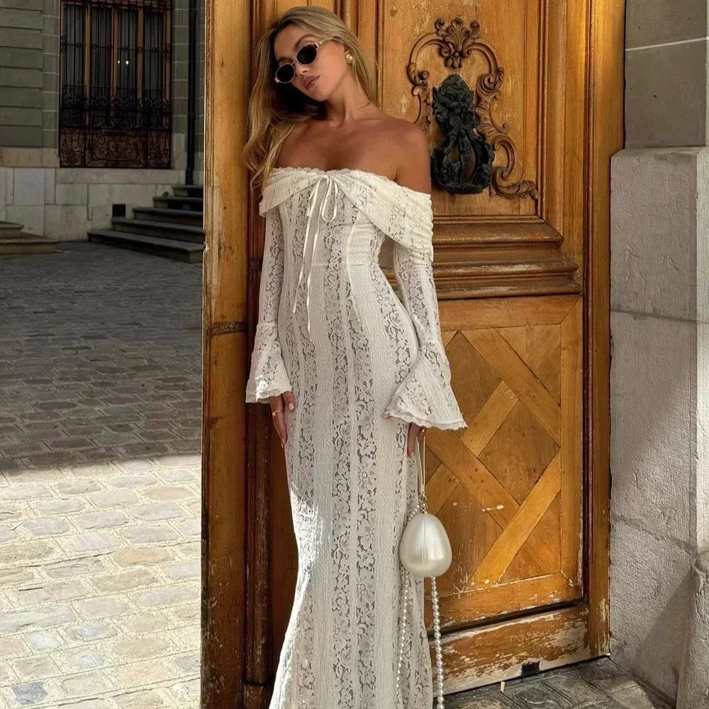 Elegant White Evening Dress with Red Lace Long Sleeves