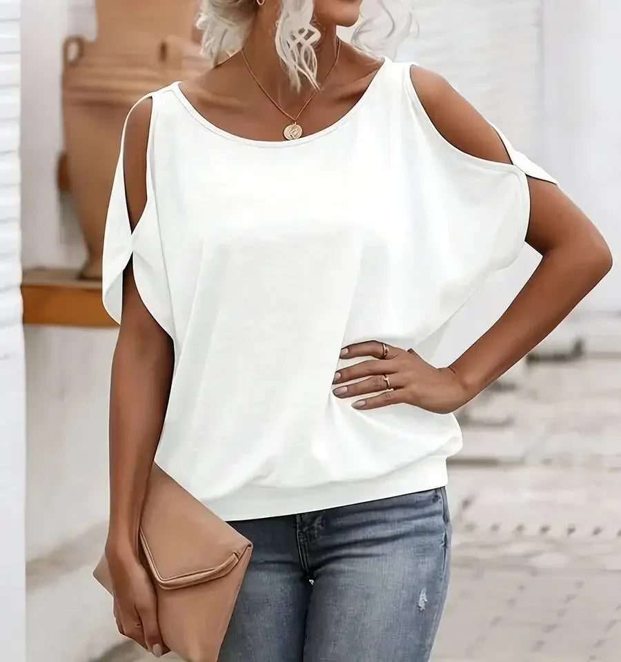 Solid White Cold Shoulder Women's Knit Tee for Spring Summer